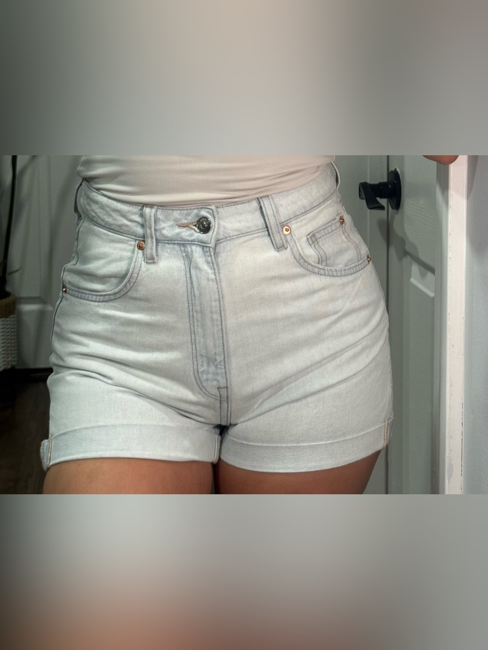 High-Rise Light Wash Denim Shorts